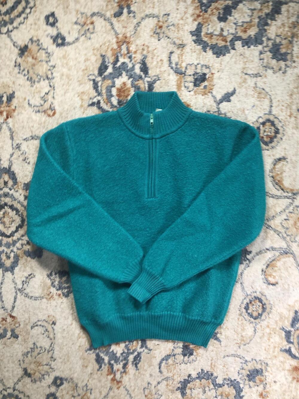 Vintage LL Bean Sweater Womens Medium Green 100% Wool 1/4 Zip Mock Neck Pullover